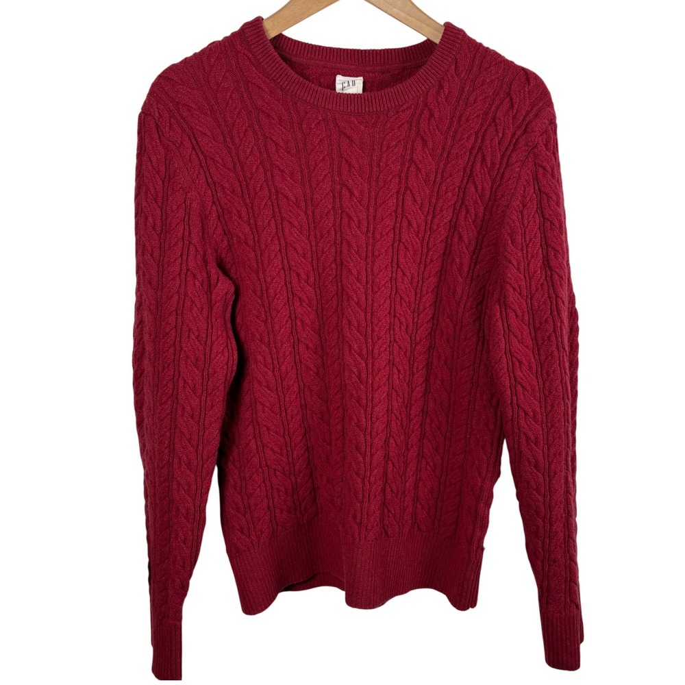 GAP 100% Wool Red Cable Knit Sweater Crew Neck Women's Size M Fisherman Cozycore